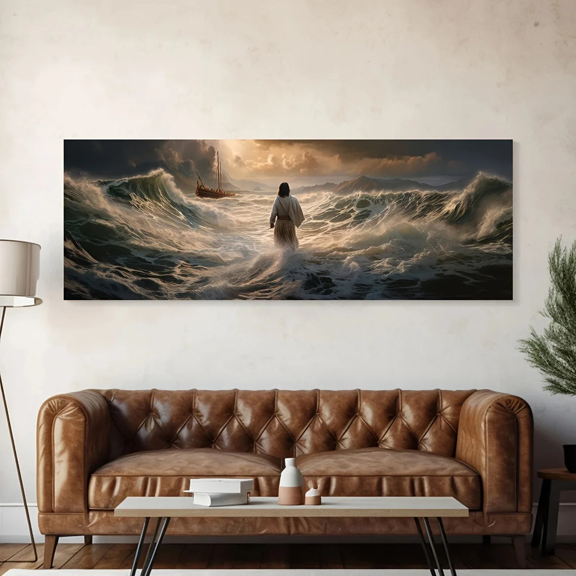 1Pc Jesus Walking on Water Canvas Art Print - Frameless, Transverse Orientation, Classic Religious Christian Wall Decor, Inspira