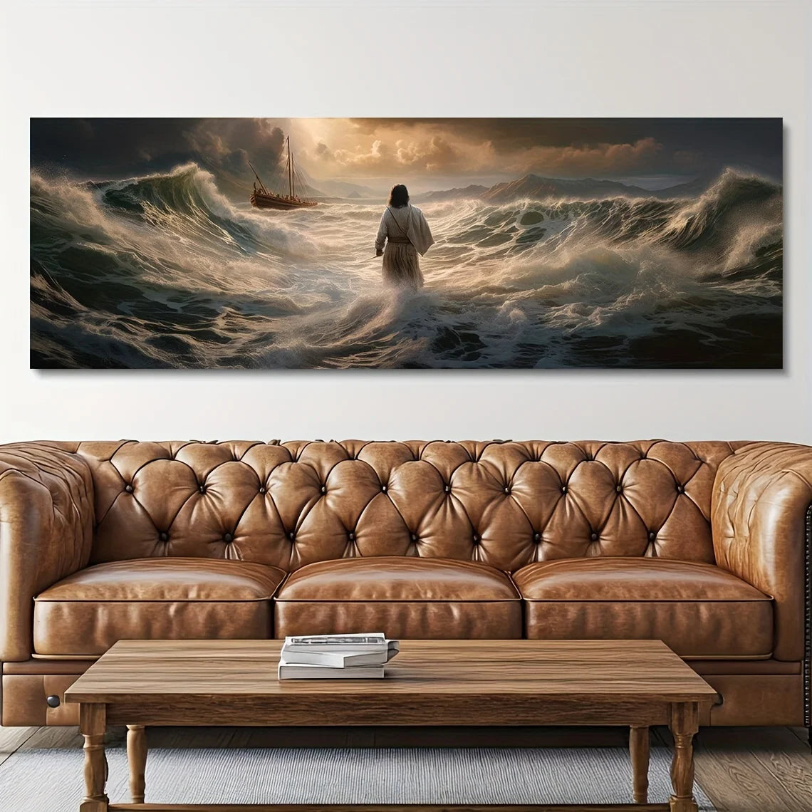 1Pc Jesus Walking on Water Canvas Art Print - Frameless, Transverse Orientation, Classic Religious Christian Wall Decor, Inspira