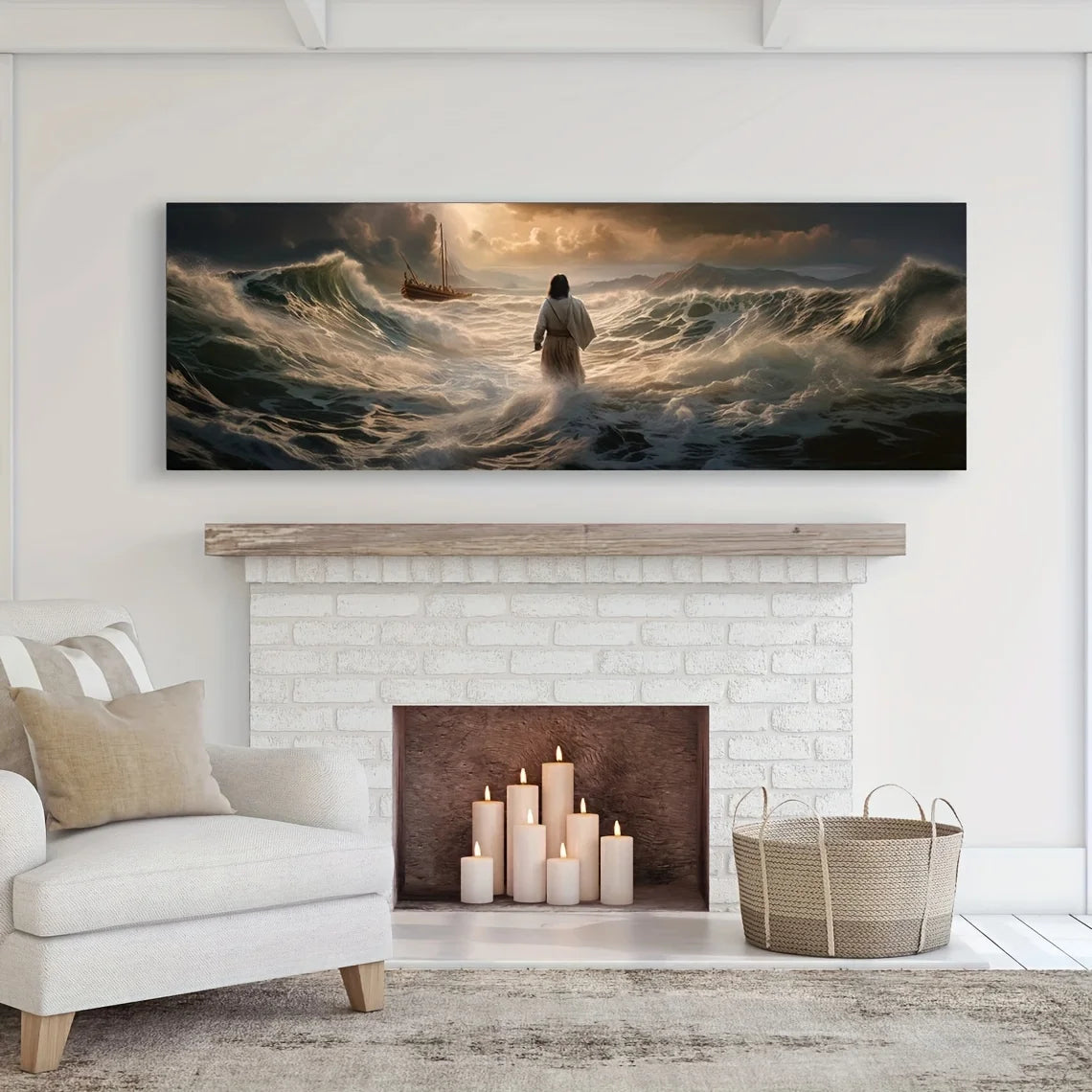 1Pc Jesus Walking on Water Canvas Art Print - Frameless, Transverse Orientation, Classic Religious Christian Wall Decor, Inspira