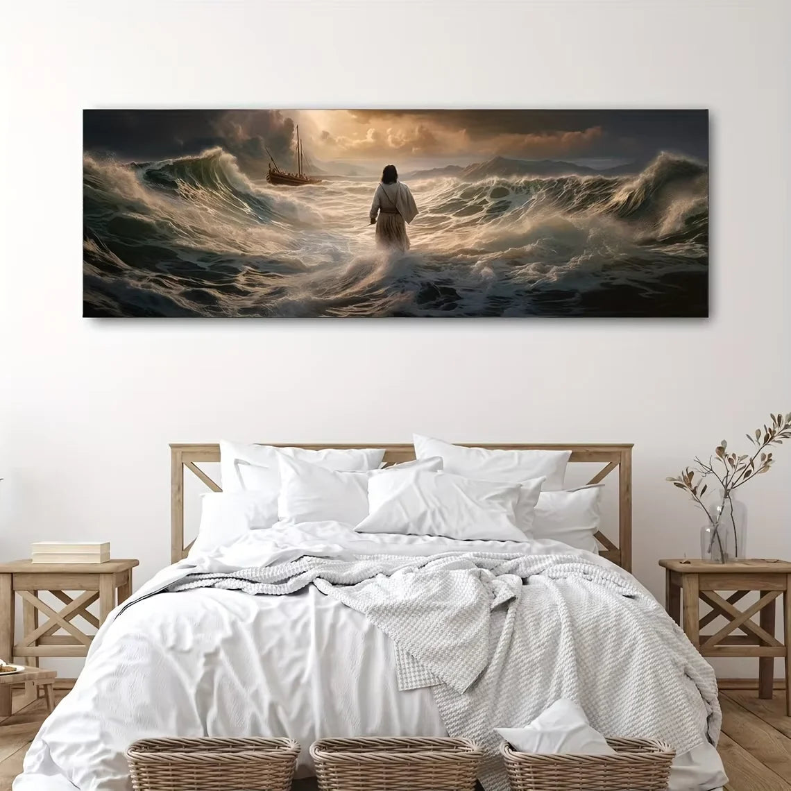 1Pc Jesus Walking on Water Canvas Art Print - Frameless, Transverse Orientation, Classic Religious Christian Wall Decor, Inspira