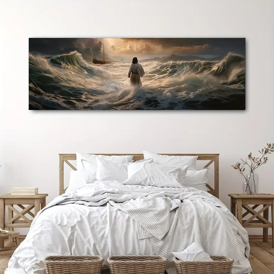 1Pc Jesus Walking on Water Canvas Art Print - Frameless, Transverse Orientation, Classic Religious Christian Wall Decor, Inspira