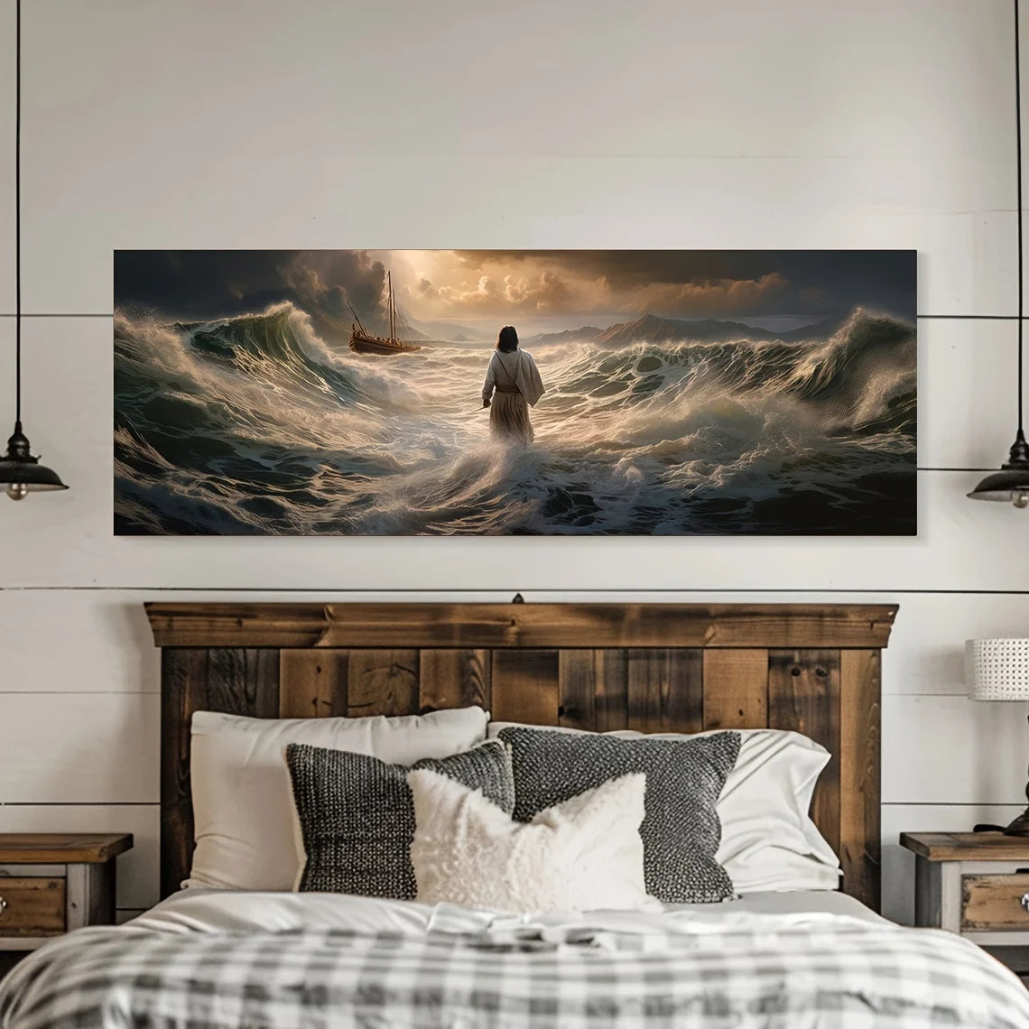 1Pc Jesus Walking on Water Canvas Art Print - Frameless, Transverse Orientation, Classic Religious Christian Wall Decor, Inspira