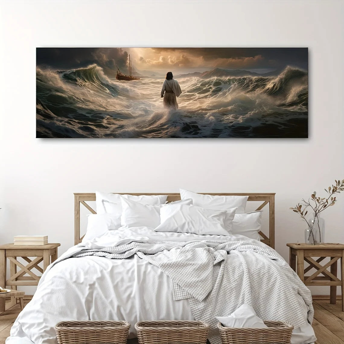 1Pc Jesus Walking on Water Canvas Art Print - Frameless, Transverse Orientation, Classic Religious Christian Wall Decor, Inspira